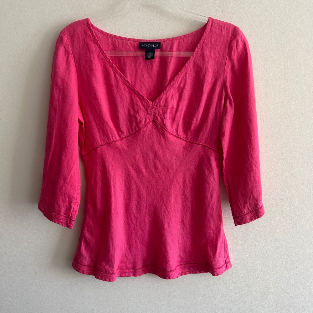 Ann Taylor Blouse Pink 6 Irish Linen V-Neck 3/4 Sleeve Ladder Stitch Trim